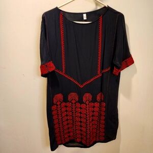 TINY by Anthropologie Black and Red Embroidered 100% Silk mini dress size M